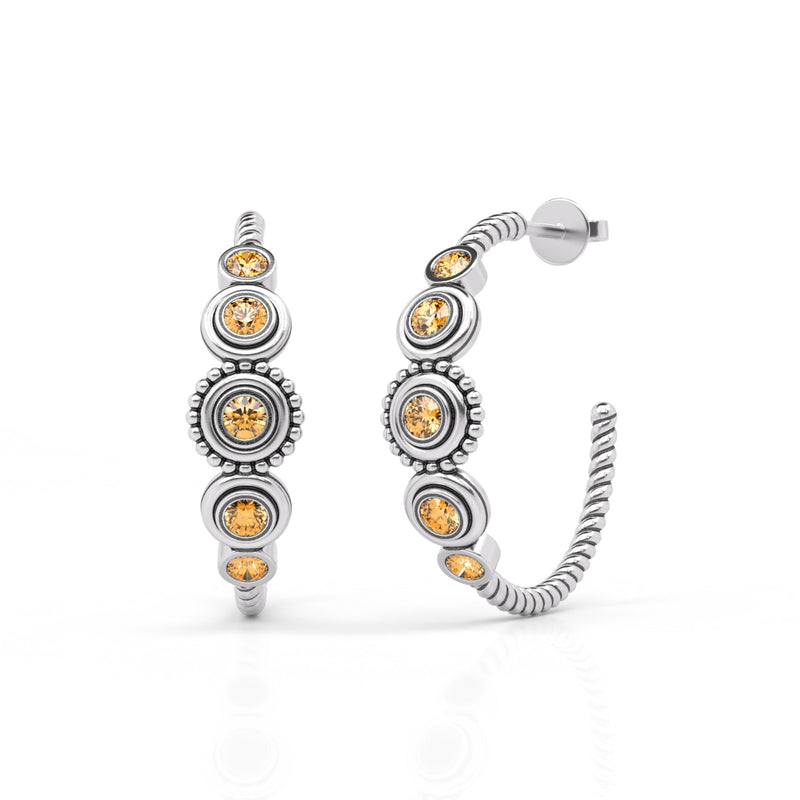 Sterling Silver Twist Textured Gemstone Hoop Earrings