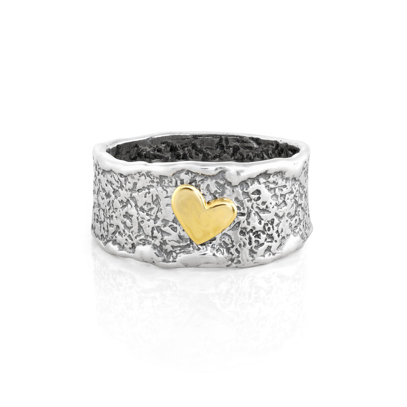 Two-Tone Textured Ring with Elevated Heart Sterling Silver - Danny Newfeld Collection