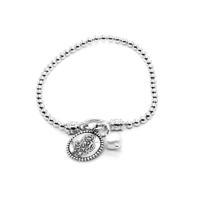 Stretch Charm Bracelet with Pearl and Saints Charm for Women
