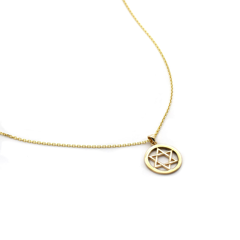 14K Gold Circle Star of David Pendant Necklace