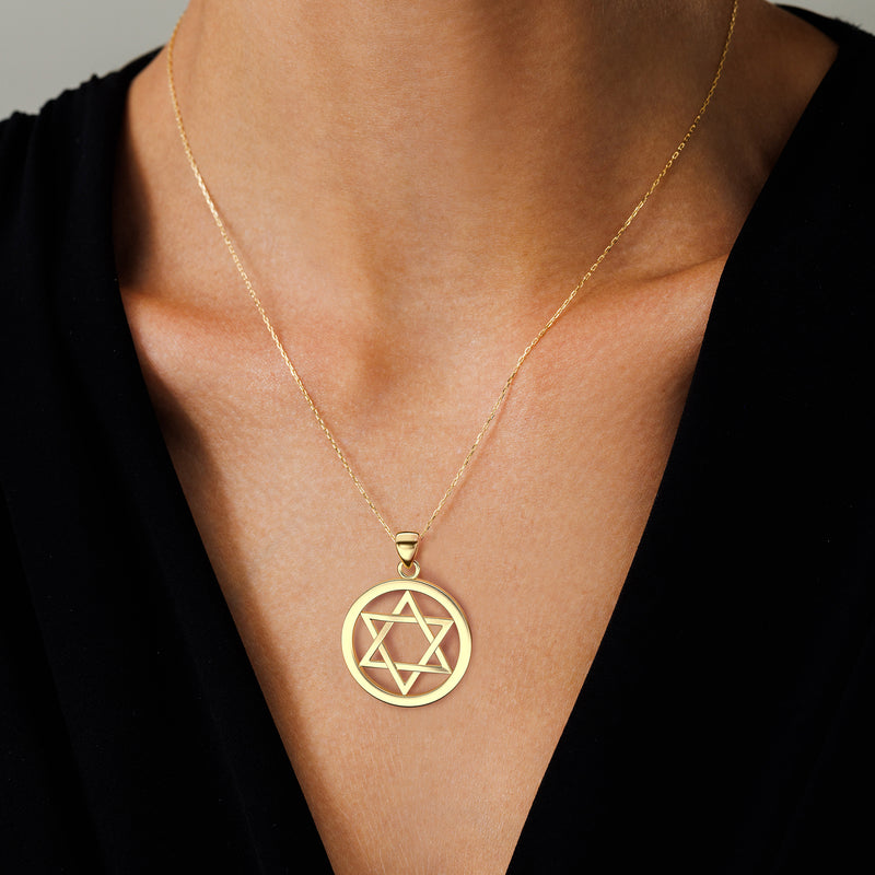 14K Gold Circle Star of David Pendant Necklace