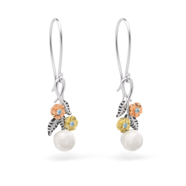 Floral Pearl and Gemstone Dangle Earrings