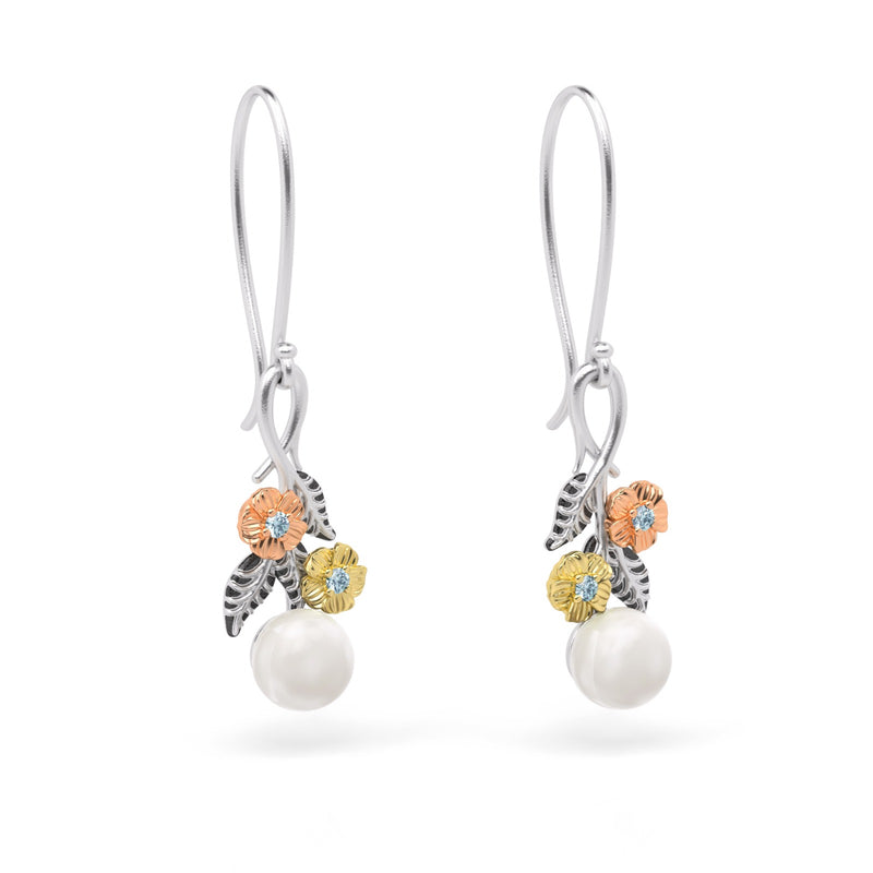Floral Pearl and Gemstone Dangle Earrings