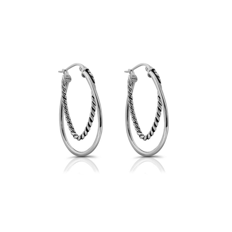 Sterling Silver Multi-Finish Layered Double Tube Oval Hoop Earrings