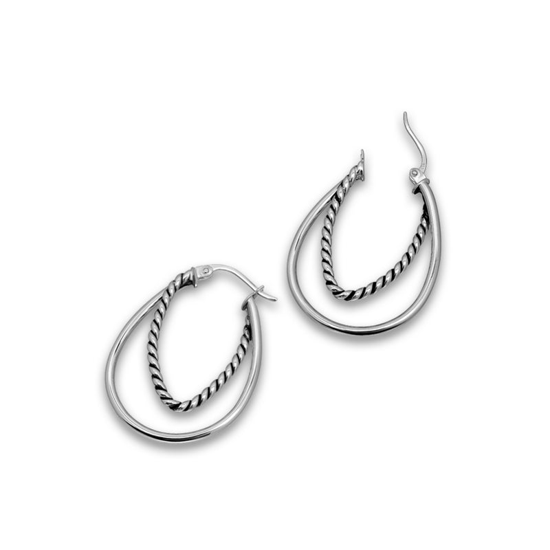 Sterling Silver Multi-Finish Layered Double Tube Oval Hoop Earrings