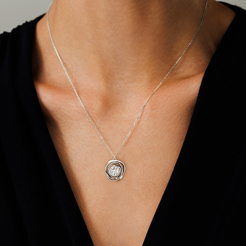 Diamonique Textured Pendant with Chain, Sterling Silver
