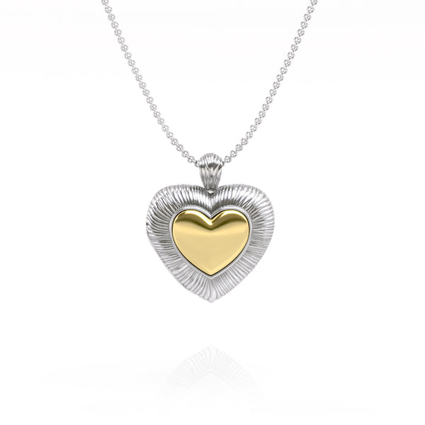 Two-Tone Ridges Textured Heart Locket Pendant Necklace