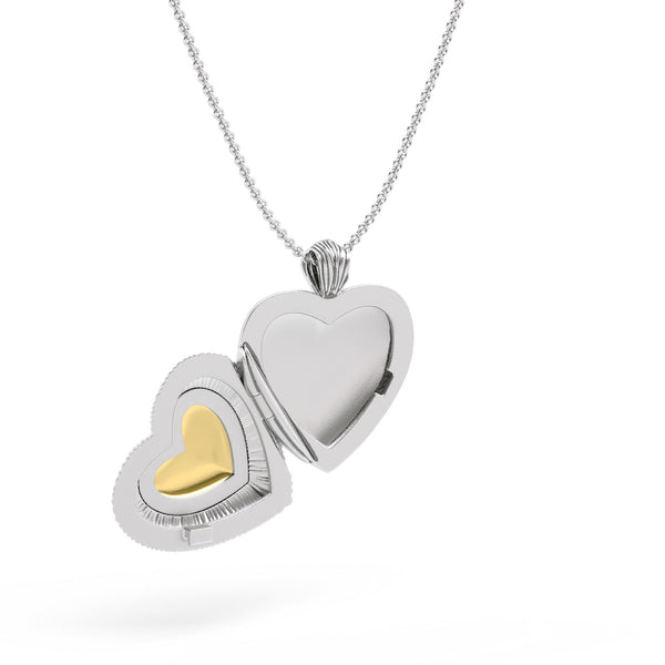 Two-Tone Ridges Textured Heart Locket Pendant Necklace