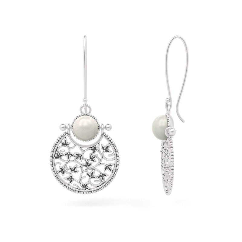 Elegant Silver Dangle Floral Pearl Earrings with Hoops