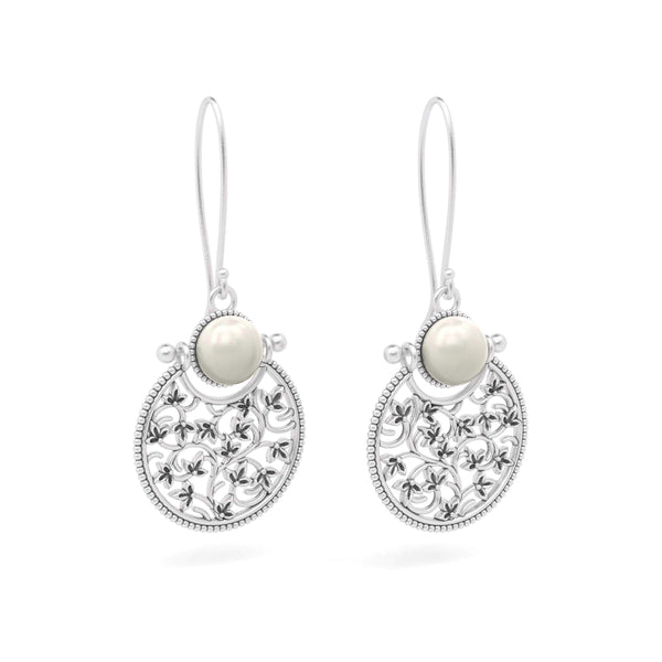 Elegant Silver Dangle Floral Pearl Earrings with Hoops