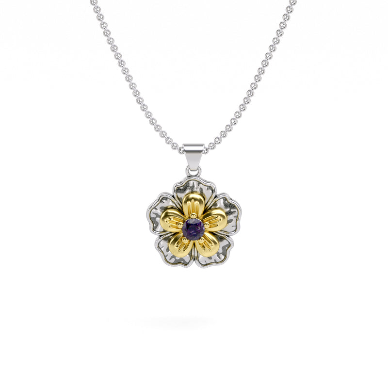 Two Tone Gemstone Flower Pendant Necklace