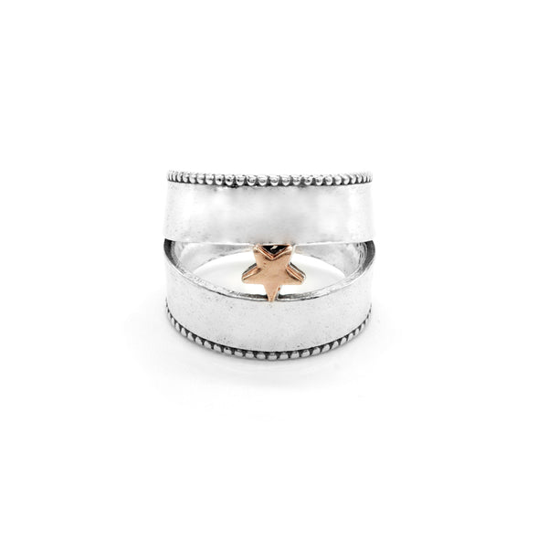 Two Tone Motif Openwork Tapered Ring
