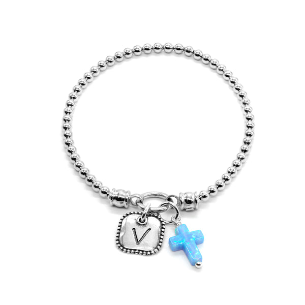 Personalized Opal Cross Stretch Charm Bracelet