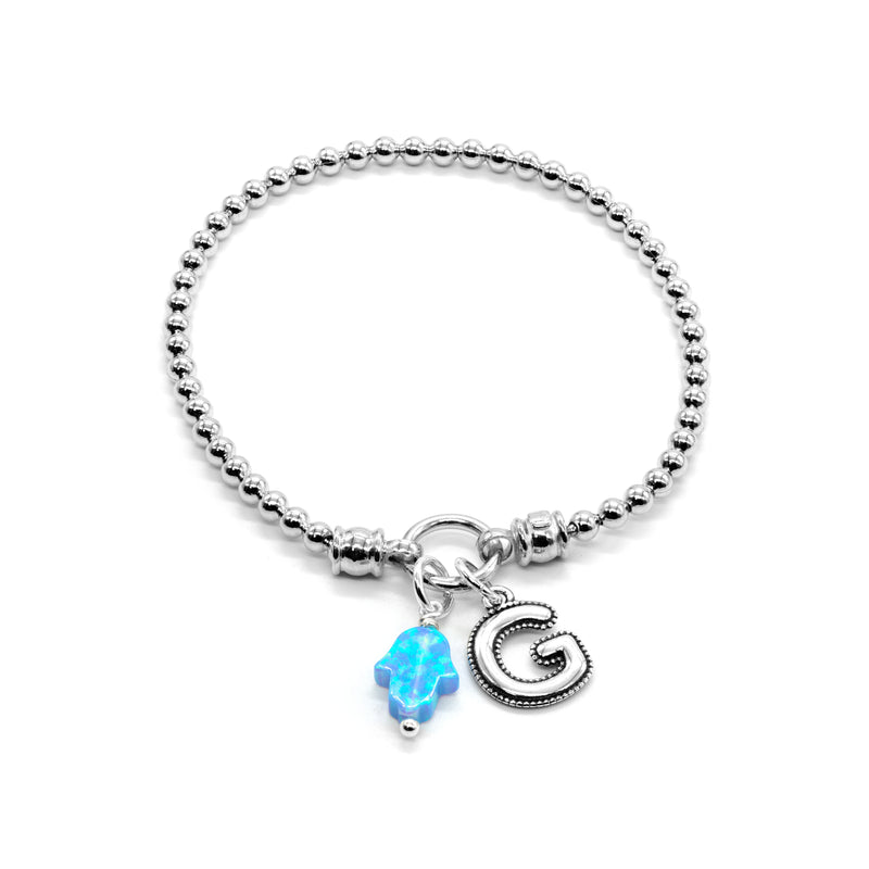Stretch Charm Bracelet with Opal Hamsa and Alphabet Charms