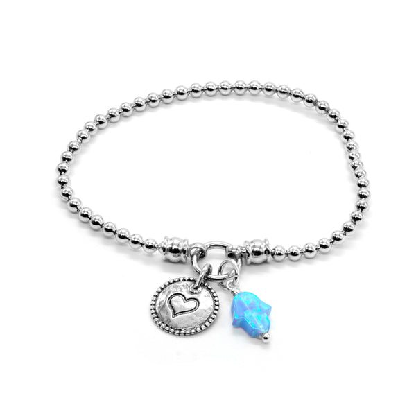 Stretch Charm Bracelet Opal Hamsa and Heart Charm