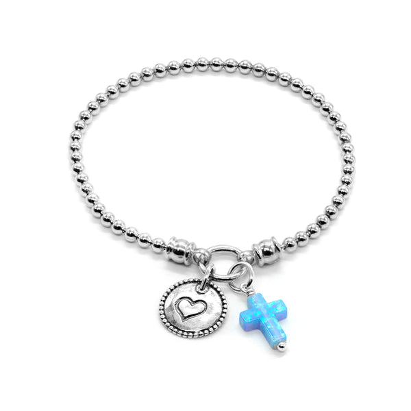 Stretch Charm Bracelet Opal Cross and Heart Charm