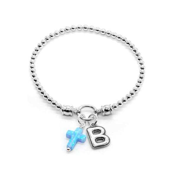 Stretch Charm Bracelet with Opal Cross and Alphabet Charms