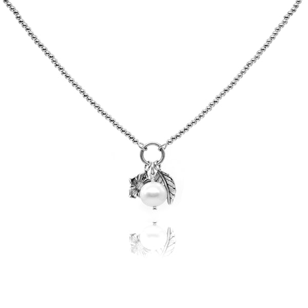 Beaded Charm necklace with Floral Charm and Pearl