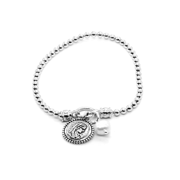 Stretch Charm Bracelet with Pearl and Saints Charm for Women