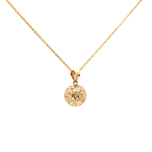 14K Solid Gold Lace Ball Pendant Necklace