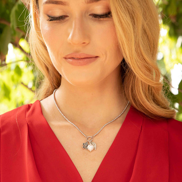 Beaded Charm necklace with Floral Charm and Pearl