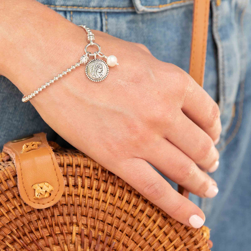 Stretch Charm Bracelet with Pearl and Saints Charm