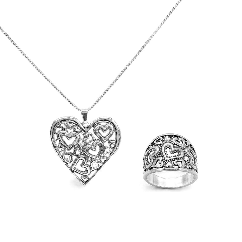 Set of Multi Open Hearts Necklace and Ring