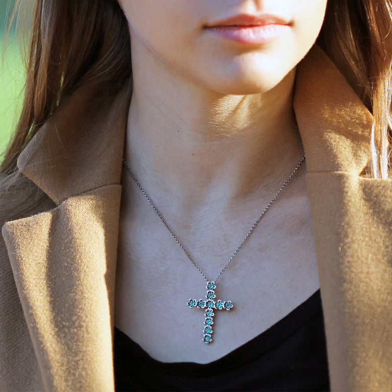 Gemstone Floral Cross Pendant Necklace