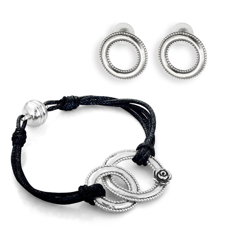Set of Interlocking Circle Cord Bracelet and Hoop Stud Earrings