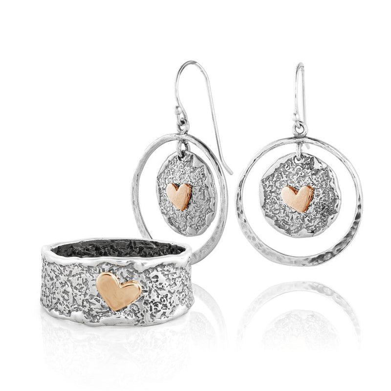 Set of Two-Tone Elevated Heart Textured Ring and Earrings