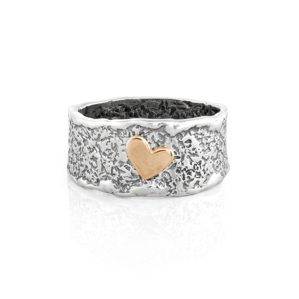 Two-Tone Textured Ring with Elevated Heart Sterling Silver - Danny Newfeld Collection