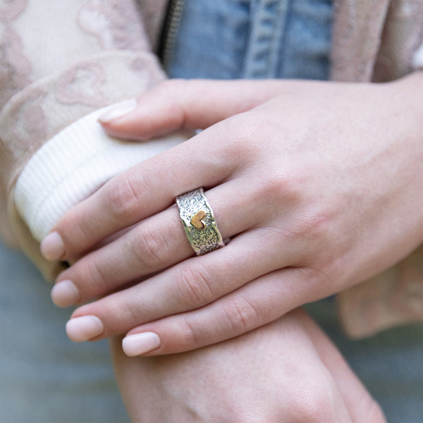 Two-Tone Textured Ring with Elevated Heart
