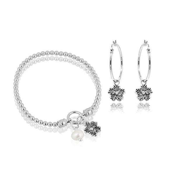 Set of Daisy Charm Stretch Bracelet and Hoop Earrings
