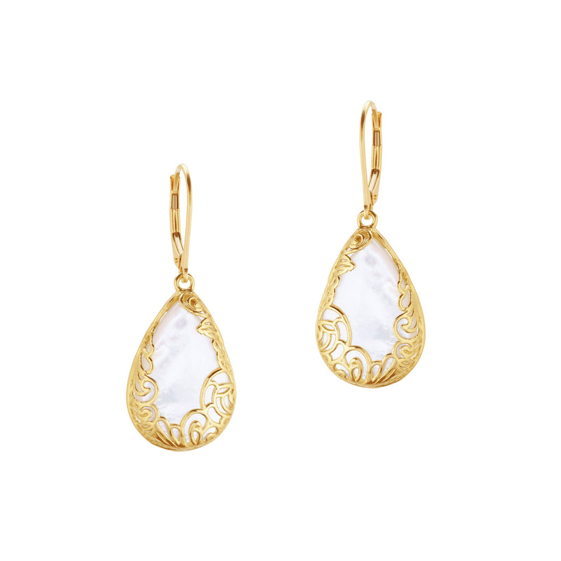 14K Solid Gold Lace Pearl Drop Earrings
