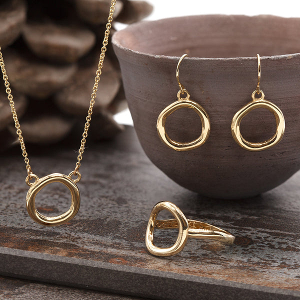 Solid gold Karma Open Circle Trio set of Earrings, Necklace and Ring