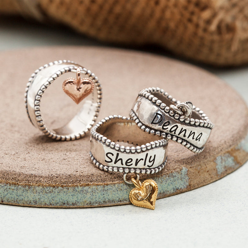 Set of Engravable Heart Charm Ring and Mom Necklace