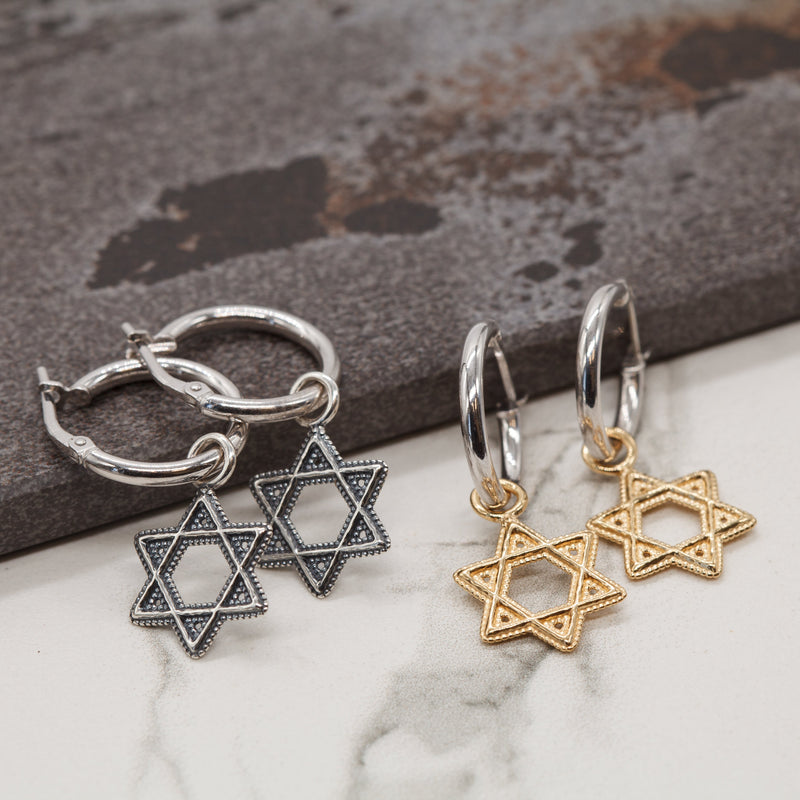 Star Of David Charm Hoop Earrings