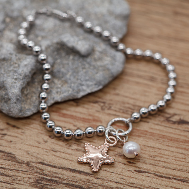4mm Solid Beads Star and Pearl Bracelet