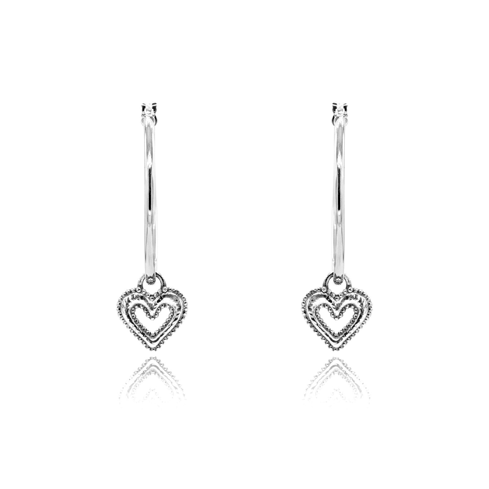 Open Heart Charm Large Hoop Earrings one inch Sterling Silver