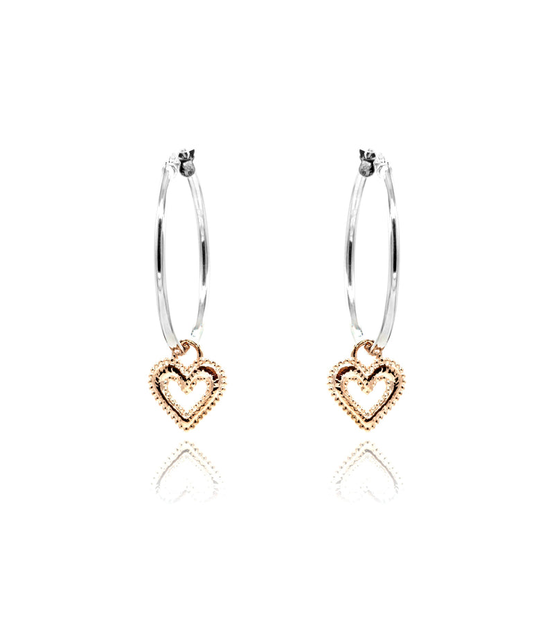 Open Heart Charm Large Hoop Earrings one inch Sterling Silver