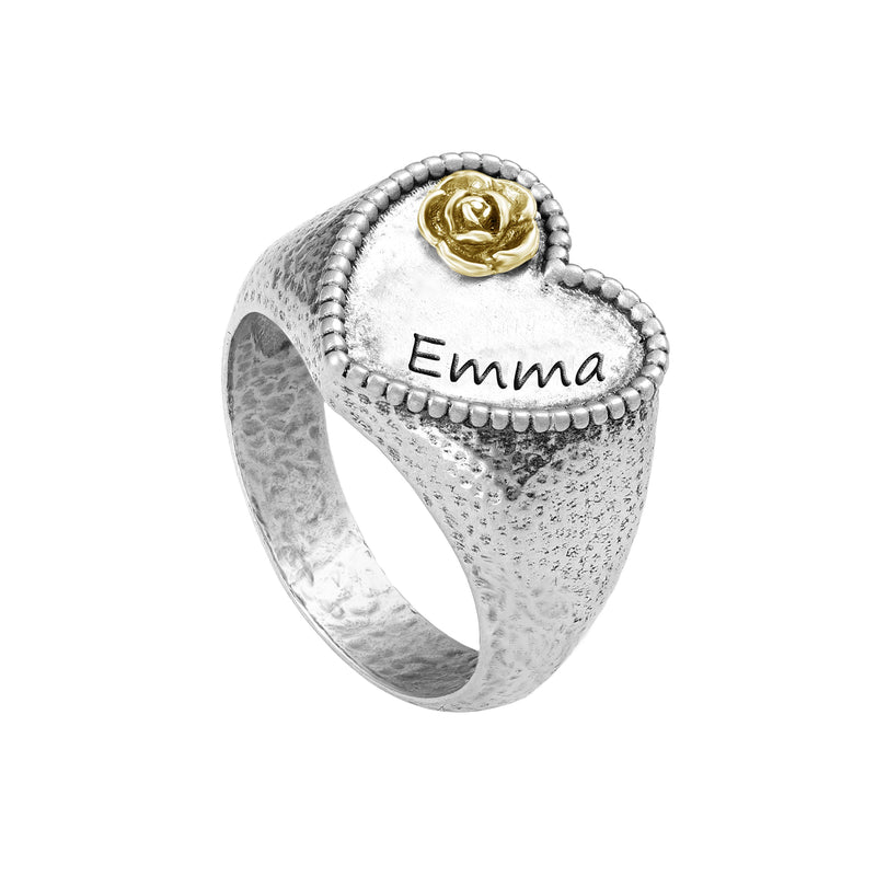 Heart-Shaped Engravable Floral Signet Ring Sterling Silver - Danny Newfeld Collection