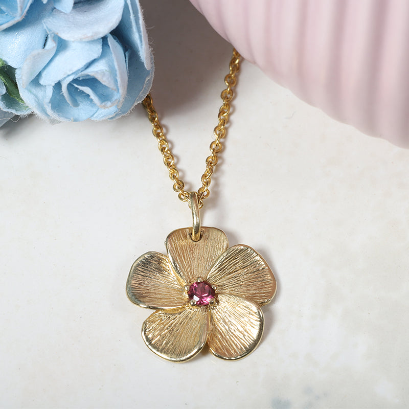 Pink Tourmaline Gemstone Floral Pendant Necklace 14K Gold - Danny Newfeld Collection
