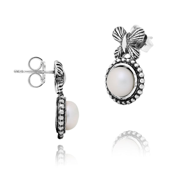 Butterflies and Pearls Stud Earrings Sterling Silver - Danny Newfeld Collection