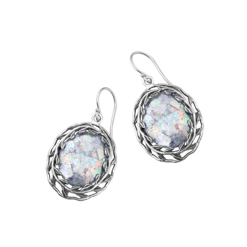 Roman Glass Oval Leaf Design Earrings