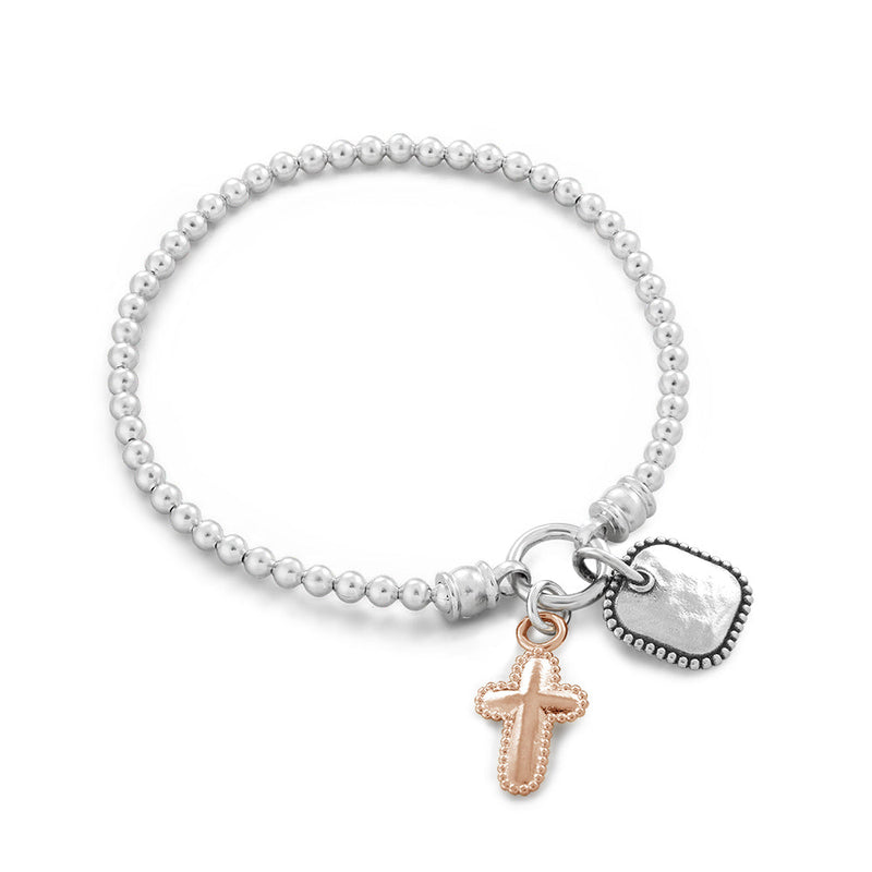 Personalized Beaded Stretch Bracelet with Cross Charm - Danny Newfeld Collection