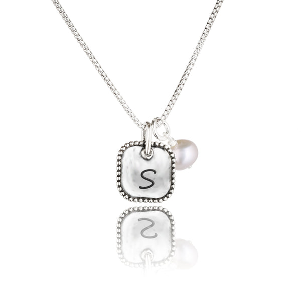 Engravable Square Pendant and Pearl Necklace Sterling Silver - Danny Newfeld Collection