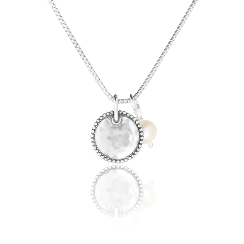 Engravable Round Pendant and Pearl Necklace Sterling Silver - Danny Newfeld Collection