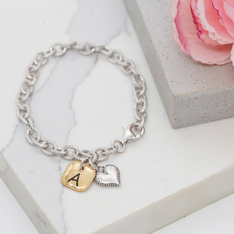 Personalized Heart and Square Charm Bracelet