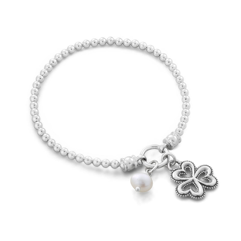 Pearl and Clover Charm Stretch Bracelet Sterling Silver - Danny Newfeld Collection
