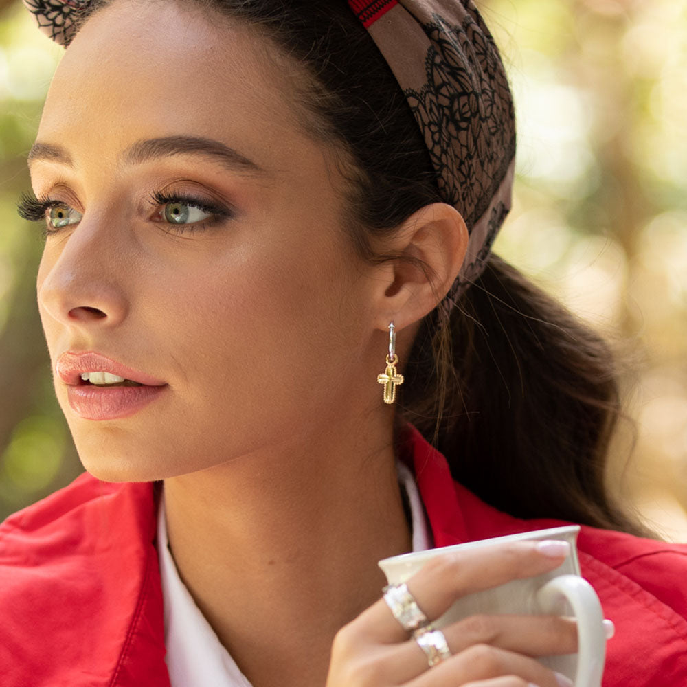 Cross Charm Hoop Earrings Rose Gold and Silver by Danny Newfeld Fine Jewelry Cross Charm Hoop Earrings Rose Gold and Silver by Danny Newfeld Fine Jewelry